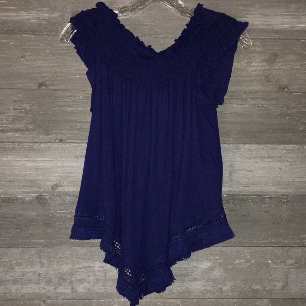 Navy fringe off the shoulder top
